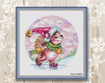 Cross stitch pattern Hedgehog Winter figure skater PDF instant download сute animals Cross Stitch chart counted cross stitch