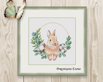 Cross stitch pattern Rabbit Wreath Cotton PDF instant download modern embroidery chart counted cross stitch Cute Cross Stitch