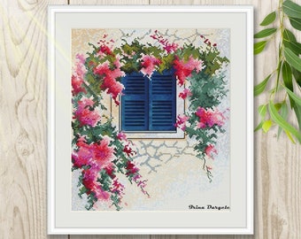 Cross stitch pattern Flowering window flowers watercolor xstitch PDF instant download modern embroidery chart counted cross stitch