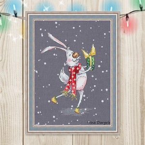 Cross stitch pattern winter rabbit snow scarf Christmas funny xstitch PDF instant download modern embroidery chart counted cross stitch