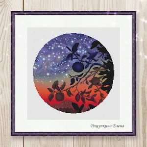 Cross stitch pattern summer landscape branches sunset watercolor xstitch PDF instant download modern embroidery chart counted cross stitch