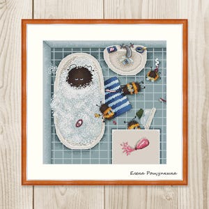 Cross stitch pattern Bee bathroom bathing baby xstitch Mother Cross Stitch PDF instant download modern embroidery chart counted cross stitch