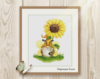 Cross stitch pattern gnome dwarf xstitch sunflower PDF instant download xStitch modern embroidery chart counted Nursery Cross Stitch Bee