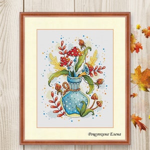 Cross stitch pattern Mushrooms Cross stitch amanita fly agaric leaves PDF instant download modern embroidery chart counted cross stitch