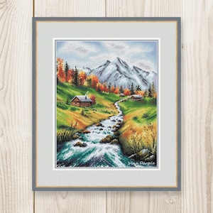 Cross stitch pattern house forest mountains river xstitch Watercolor PDF instant download modern embroidery chart counted cross stitch