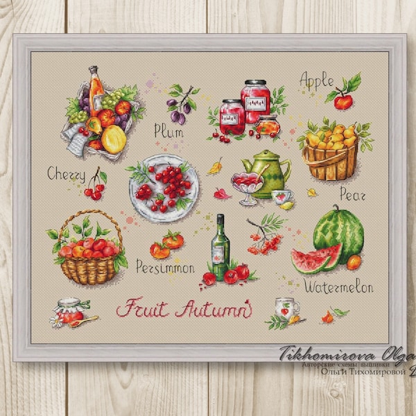 Cross stitch pattern sampler fruits autumn jam apples wine xstitch PDF instant download Cross Stitch modern embroidery chart counted xstitch