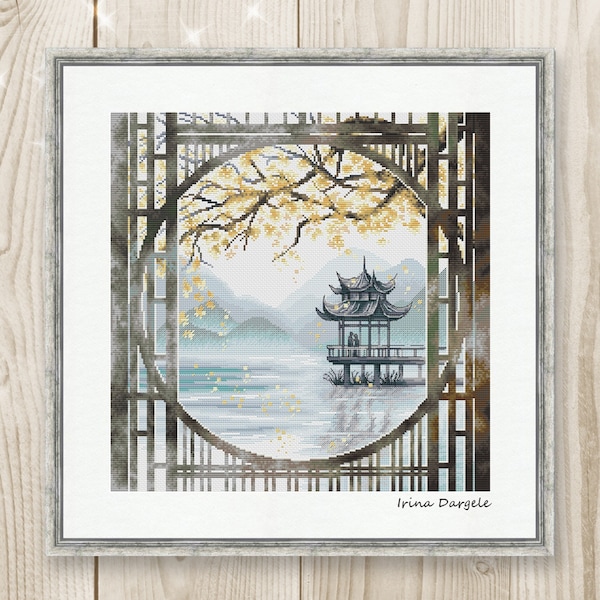 Cross stitch pattern watercolor alcove meeting love landscape PDF instant download Cross stitch chart counted cross stitch