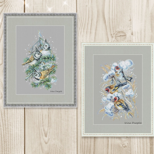 Cross stitch pattern set Birds xstitch Watercolor PDF instant download modern embroidery chart counted cross stitch winter bird