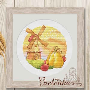 Cross stitch pattern Fall Cross stitch Mill Cross stitch Pumpkin Landscape xstitch PDF instant download modern chart autumn cross stitch