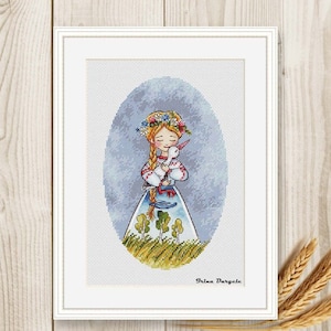 Cross stitch pattern girl stork alesya PDF instant download Animals Cross Stitch modern embroidery chart counted cross stitch