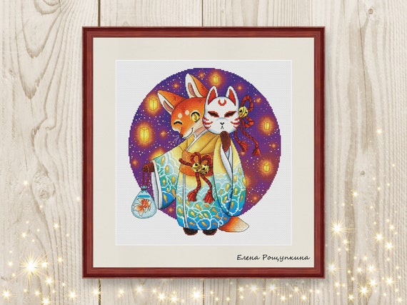 お歳暮 人気 オシャレ Pattern Stitch Cross Japan Xstitch Kimono Fox Kitsune Mask その他