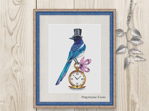 THOMAS MAGPIE　pattern intarsia【2233708】 Cross Stitch Pattern Magpie Blue Clock Cylinder Bird PDF