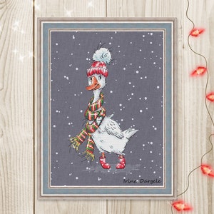 Cross stitch pattern winter goose bird snow scarf Christmas funny xstitch PDF instant download modern embroidery chart counted cross stitch