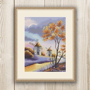 Cross stitch pattern landscape autumn fall nature village river xstitch PDF instant download modern embroidery chart counted cross stitch