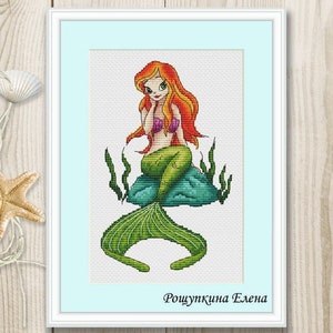 Cross stitch pattern mermaid redhead sea xstitch PDF instant download Cross Stitch modern embroidery chart counted cross stitch Nursery