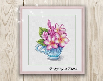 Cross stitch pattern Cup Flowers cross stitch PDF instant download modern embroidery chart counted cross stitch plumeria xstitch