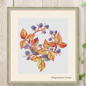 Cross stitch pattern wreath autumn leaves fall blackberry xstitch PDF instant download modern embroidery chart counted cross stitch