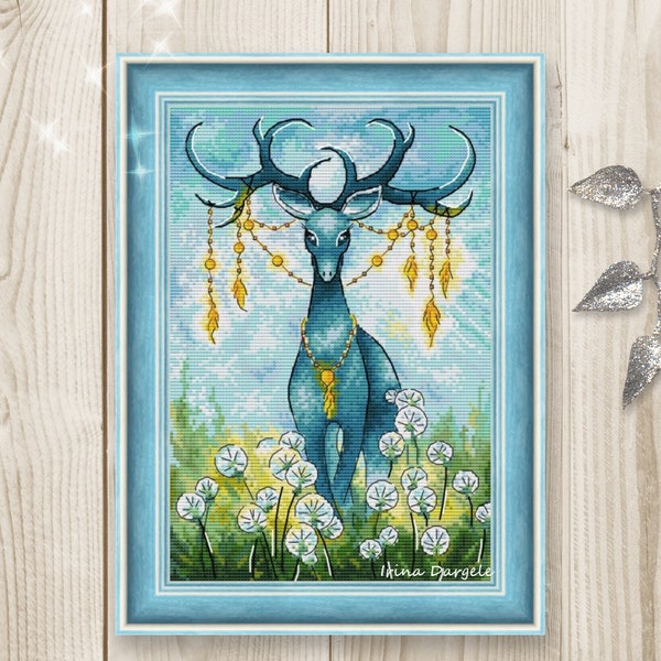 Cross stitch pattern Deer Morning Flowers xstitch dandelion blue PDF instant download modern embroidery chart counted cross stitch animals
