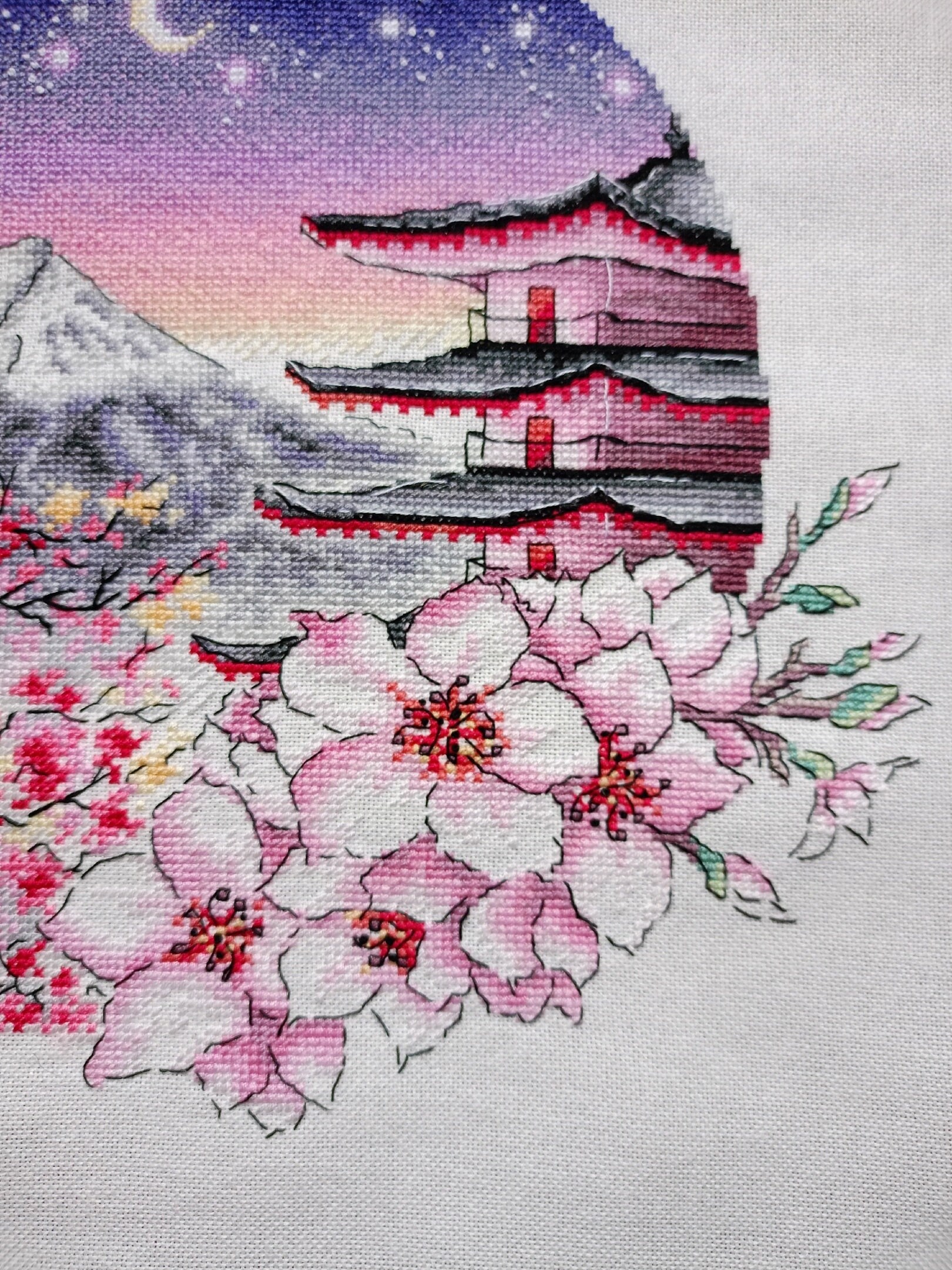 桜のモチーフ☆濃 Cross Stitch Pattern Watercolor Japan Sakura Mountain Moon