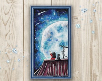 Cross stitch pattern Girl Cat Night Sky Moon XStitch PDF instant download modern embroidery chart counted cross stitch Cute Cross Stitch