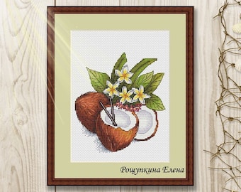 Cross stitch pattern Tropical Coconut xstitch Coctail Flowers  xstitch PDF instant download modern embroidery chart counted cross stitch