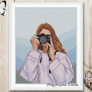 Cross stitch pattern girl camera realistic Photo xstitch PDF instant download modern embroidery chart counted cross stitch Cute Cross Stitch