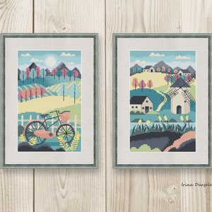 Cross stitch pattern Rural landscape Mill Bicycle xstitch Village PDF instant download modern embroidery chart counted cross stitch