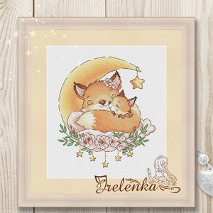 Cross stitch pattern Fox baby flowers xstitch animals moon xstitch PDF instant download modern embroidery chart counted cross stitch