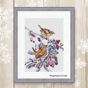 Cross stitch pattern Wrens blackberries winter watercolor bird xstitch PDF instant download modern embroidery chart counted cross stitch