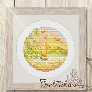 Cross stitch pattern Summer Sailboat Gull Seasons Circle Landscape xstitch PDF instant download modern embroidery chart counted cross stitch