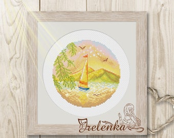 Cross stitch pattern Summer Sailboat Gull Seasons Circle Landscape xstitch PDF instant download modern embroidery chart counted cross stitch