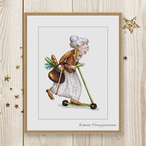 Cross stitch pattern grandmother funny scooter Cute crazy PDF instant download modern embroidery chart counted cross stitch