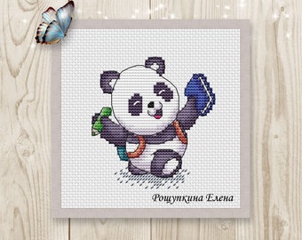 Cross stitch pattern Panda School Schoolboy Charity Animals PDF instant download modern embroidery chart counted cross stitch Cute