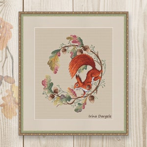 Cross stitch pattern squirrel oak autumn wreath xstitch Watercolor PDF instant download modern embroidery chart counted cross stitch