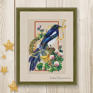 Cross stitch pattern crow potion luck magpie watercolor bird xstitch PDF instant download modern embroidery chart counted cross stitch