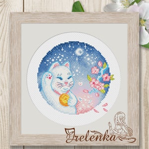 Cross stitch pattern Spring Cat Flower Seasons Circle Landscape xstitch PDF instant download modern embroidery chart counted cross stitch