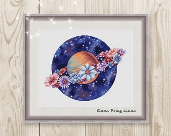 Cross stitch pattern Saturn planet stars space flowers watercolor xstitch PDF instant download Cross Stitch modern embroidery chart