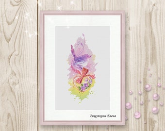 Cross stitch patternbird Spring flowers watercolor PDF instant download modern embroidery chart counted cross stitch Cute Cross Stitch