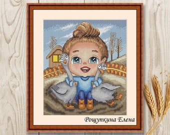 Cross stitch pattern girl geese xstitch village PDF instant download modern embroidery chart counted cross stitch Cute Cross Stitch