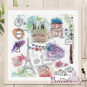 Cross stitch pattern Paris sampler France cross stitch PDF instant download modern embroidery chart counted cross stitch watercolor xstitch
