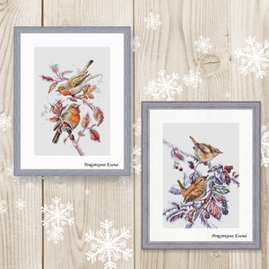 Cross stitch pattern robin Wrens leaves bush winter watercolor bird  xstitch Watercolor PDF instant download counted cross stitch Set