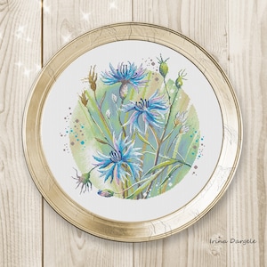 Cross stitch pattern Flowers Cornflowers circle xstitch PDF instant download chart counted cross stitch forest round xstitch Wildflowers