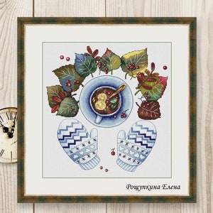 Cross stitch pattern Mittens Winter Tea cross stitch PDF instant download modern embroidery chart counted cross stitch cup xstitch
