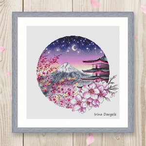 Cross stitch pattern watercolor Japan sakura mountain moon pagoda landscape PDF instant download Cross stitch chart counted cross stitch