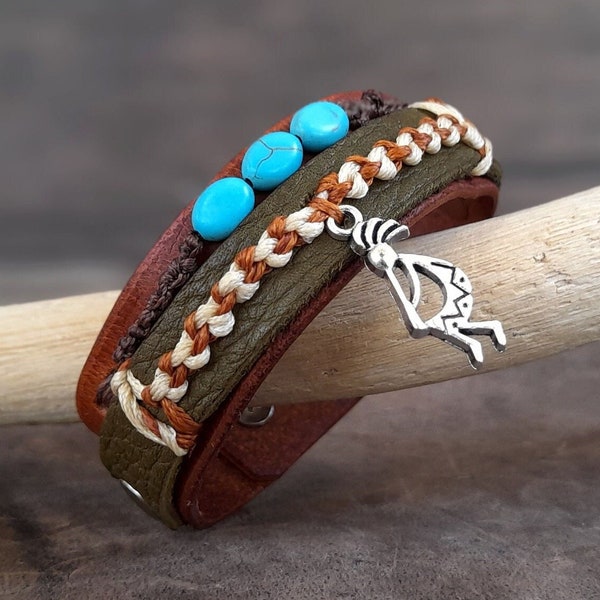 Kokopelli Bracelet, Handmade Adjustable Full Grain Leather Cuff, Southwestern Inspired Jewelry, Ethnic Unisex Bangle, Fertility Symbol