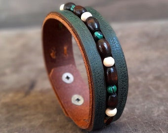 Men Beaded Bracelet, Handmade Adjustable Full Grain Leather Strap Bracelet, Wooden Beads, Malachite, Nature's Harmony Forest Green Bangle