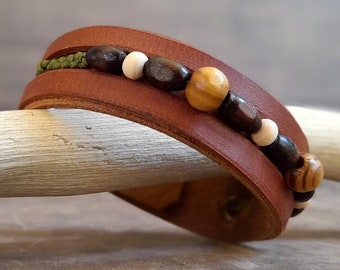 Men Beaded Bracelet, Handmade Leather Strap Bracelet with wooden beads, Adjustable Bangle, Boho Gift for Him - the Earthy Explorer.