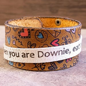 Quirky Hand Painted Doodle Leather Cuff, Uplifting Gift Idea, Fun/Humorous Wristband, Wide Leather Cuff for Her