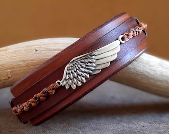 Angel Wing Bracelet, Eagle/Falcon Wing Unisex Brown Leather Bracelet, Angel Infinity, Macrame, Dainty Men/Women Bracelet, Bereavement Gift