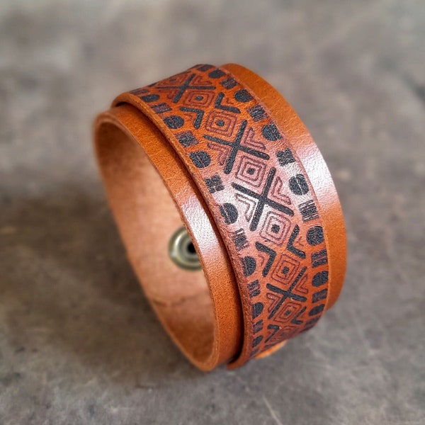 African Bracelet, Handmade Full Grain Leather Laser Engraved Cuff, Stacking Bracelet, Wide Adjustable Leather Cuff, Chunky Ethnic Style